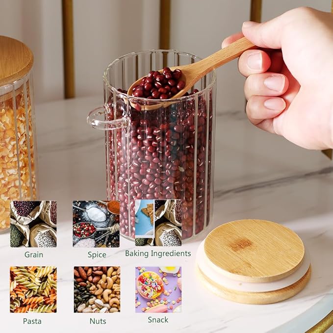 4 Pack Glass Containers with Lids and Spoons, Overnight Oat Container with Lids Glass, Oatmeal Jar with Spoons, Meal Prep Jars for Yogurt, Chia Pudding (Ribbed Round 4PCS)