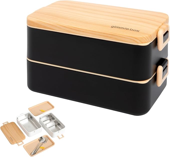 gimmiebox premium stainless steel bento box lunch box with compartments for adults, spoon and fork, leak-proof, easy side locks (Black)