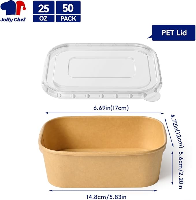 JOLLY CHEF 25 oz 50 Pack Paper Meal Prep Containers with Lids, Rectangular Disposable Food Containers, Brown Paper Bowls with Lids for Thanksgiving, Christmas, Parties