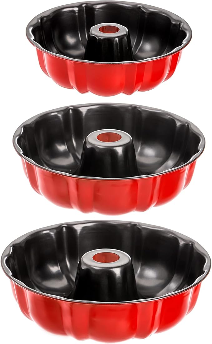 Tosnail Set of 3 Non-Stick Fluted Cake Pan, Tube Pan Round Cake Pan Steel Baking Pan Instant Pot Bakeware - 7", 8.5", 9.5", Red