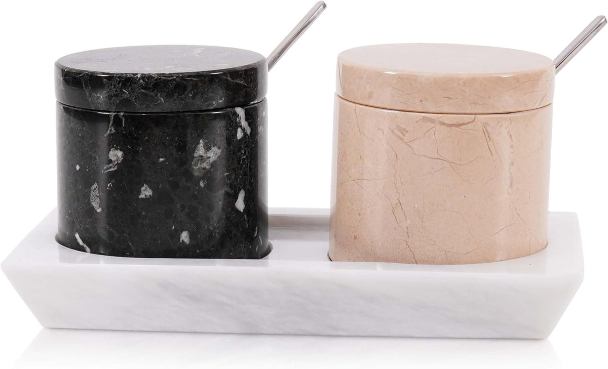 Radicaln Marble Salt Cellar With Lid and Tray 3" Inches Handmade Verona and Black Spice Jar For Kitchen Countertop, Ideal Set of 2 Salt bowl For Home