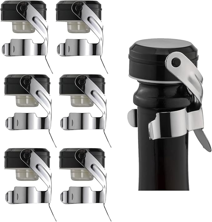 WOTOR Champagne&Wine Bottle Stoppers Stainless Steel with Food Grade Silicone, Leak Proof Keep Fresh Reusable Saver, Cork Suitable for Wine, Champagne, Cava, Prosecco and Sparkling (6 Pack Silver）