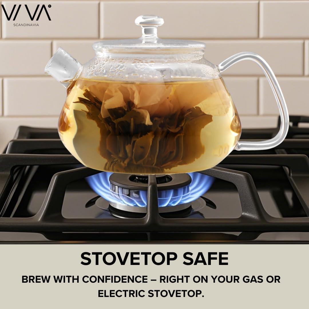 Viva Nicola All Borosilicate Glass Teapot with Tea Included, Lid, with Removable Infuser for Loose Leaf Tea - No Metal Or Plastic for The Perfect Brew, 25oz Tea Maker, Stove Top Safe, No Drip Spout
