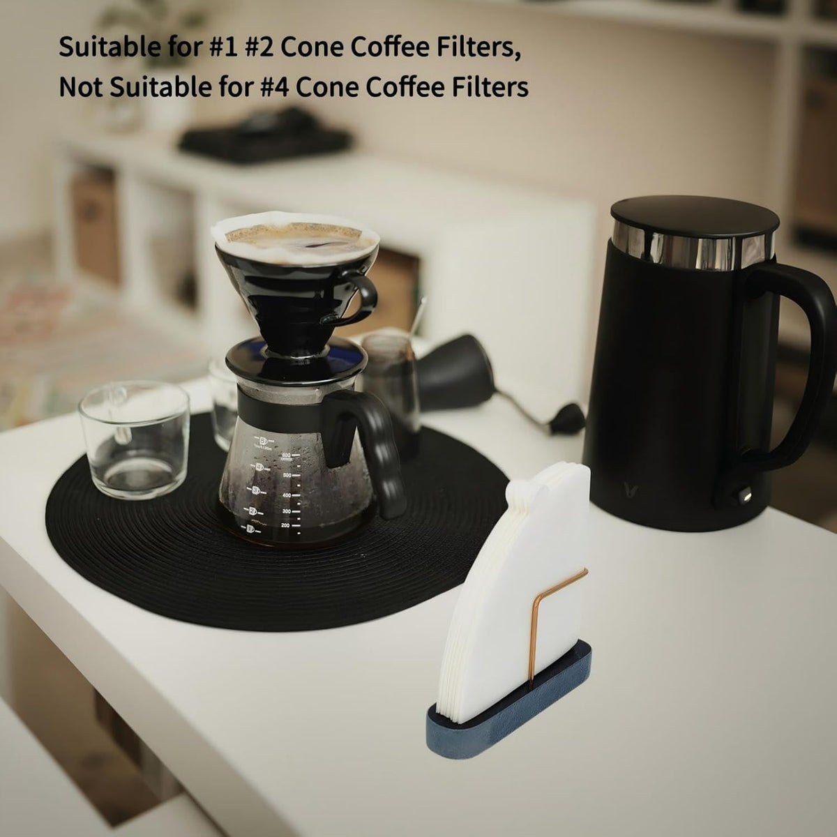 Cone Coffee Filter Holder for Counter, Coffee Filter Storage Container for Cone Paper Filters Size #01 ＆ #02, Marble Base with Non-Slip Pad (Black)