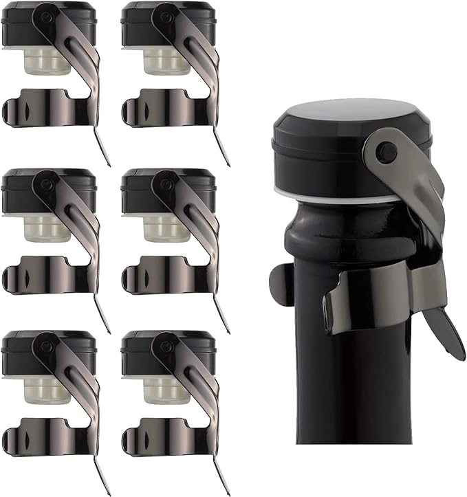 WOTOR Champagne&Wine Bottle Stoppers Stainless Steel with Food Grade Silicone, Leak Proof Keep Fresh Reusable Saver, Cork Suitable for Wine, Champagne, Cava, Prosecco and Sparkling (6 Pack Black）