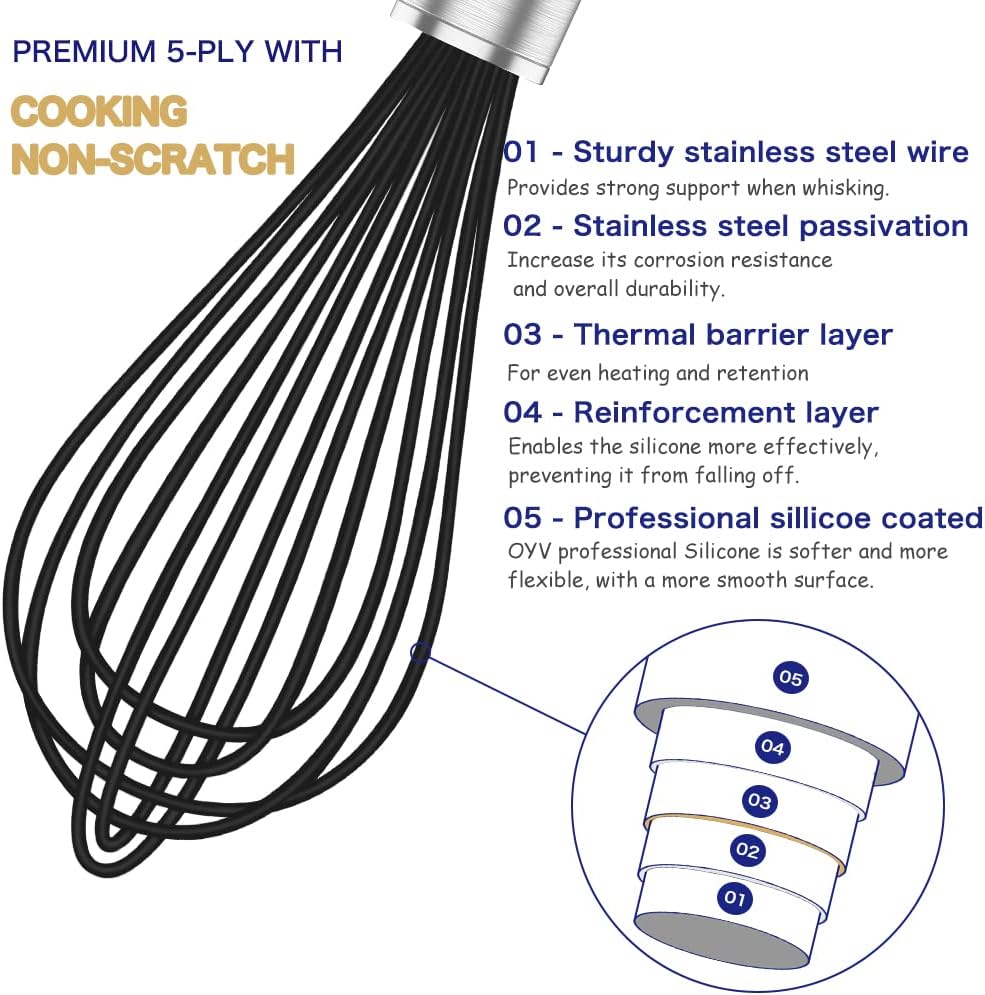 Silicone Whisk,3 pack Professional whisks for cooking non scratch,Stainless Steel & Silicone wisk,plastic rubber whisk for nonstick cookware,small silicone whisk set,black