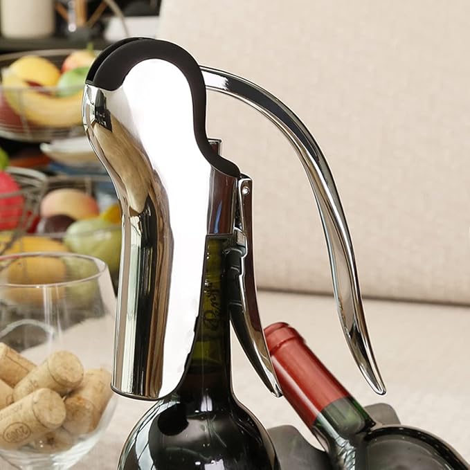 KAYCROWN Stainless Steel Wine Bottle Opener, Vertical Lever Corkscrew with Built-in Foil Cutter Design, Manual Handheld Corkscrew with Ergonomic Lever Pump