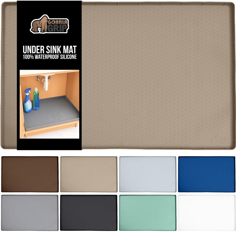 GORILLA GRIP Waterproof Silicone Under Sink Mat with Raised Lip for Kitchen and Bathroom, Cabinet Shelf Liner Stay in Place Mats Dishwasher Safe Drawer Liner, Organizer Tray, 15 x 22 in, Beige