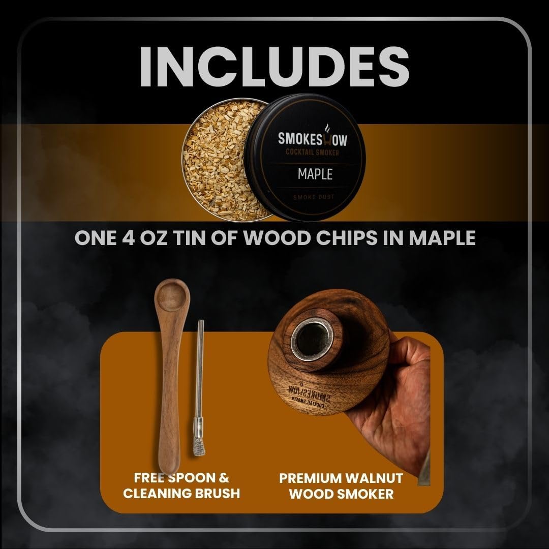 Premium Walnut Wood Cocktail Smoker with One 4 oz Tin of Wood Chips. Great for Whiskey & Old Fashion. Coated in Safe Food Natural Beeswax, Non-toxic Top by Smokeshow (Maple)
