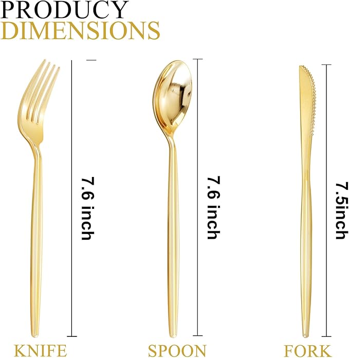 SUT 150PCS Gold Plastic Silverware, Plastic Utensils,Gold Silverware Disposable,Disposable Utensils Heavy Duty,Plastic Cutlery Set,Includes:50 Knives, Forks and Spoons for Party, Birthday,Wedding