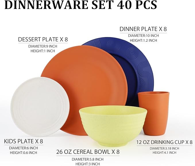 Wheat Straw Dinnerware Sets 40 PCS - Dishes Set for 8 Unbreakable Plates and Bowls Sets with Cups Dishwasher & Microwave Safe Lightweight Dinnerware for Kitchen Camping RV - Mondrian Colors