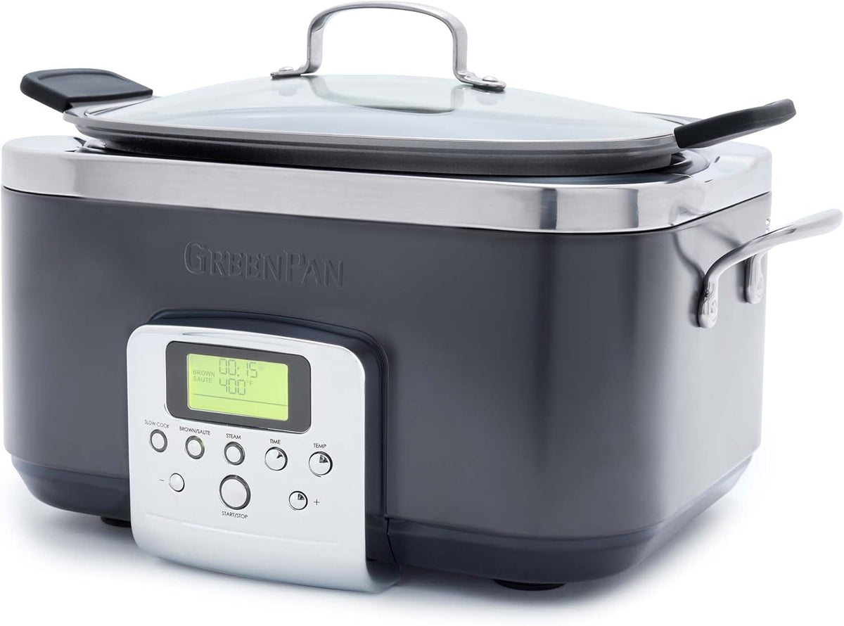 GreenPan Elite 8-in-1 Programmable 6QT Electric Slow Cooker, Dishwasher Safe Lid & Removable Crock, PFAS-Free Healthy Ceramic Nonstick Multi-Cooker, Sear,Sauté/Brown,Steam Basket,Roast, Graphite