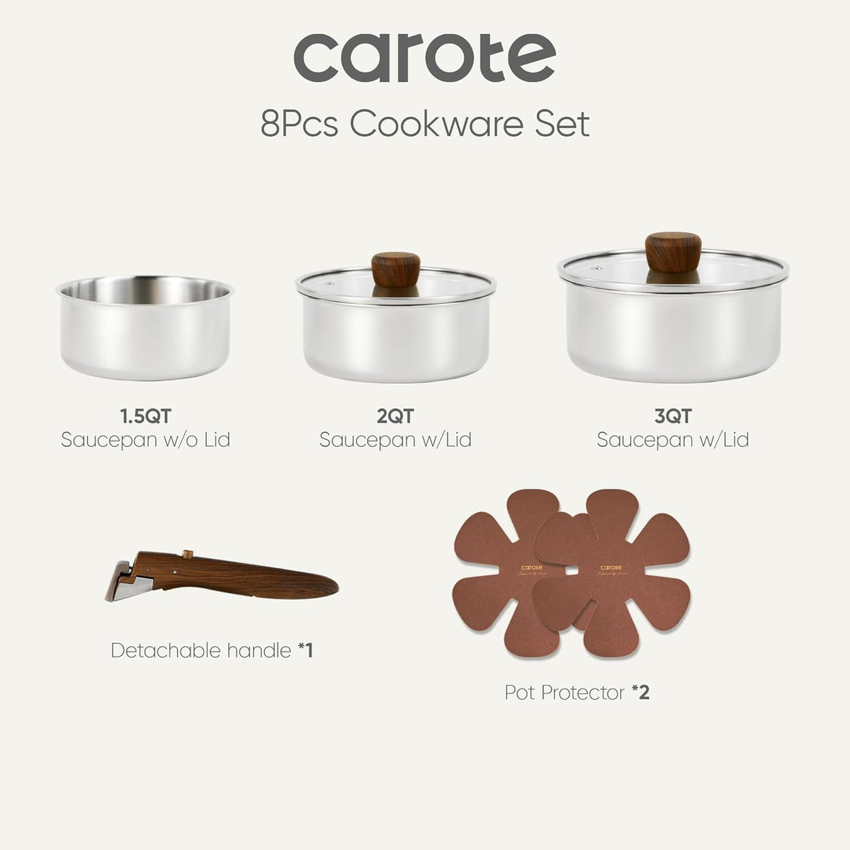 CAROTE Stainless Steel Sauce Pan with Detachable Handle, 1.5QT&2QT&3QT 8pcs Saucepan with Lid, Stainless Steel Pot, Nonstick Induction Kitchen Cookware, Removable Handle, Oven Safe, Woodgrain