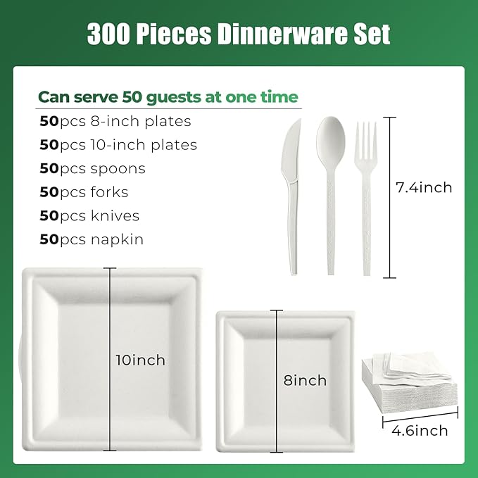 100% Compostable Paper Plates, and Biodegradable Set Includes Forks Spoons and Knives Perfect for Eco Friendly Parties and Gatherings（White 300pcs)