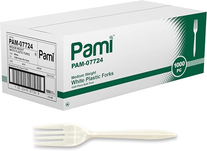 PAMI Plastic Forks 1000 Count Bulk Pack Medium Weight Disposable Utensils for Parties Catering Takeout & More Sturdy Cutlery (Forks Forks White)