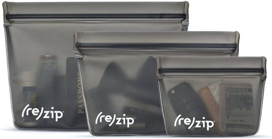 (re) zip 3-Piece Stand-Up Reusable Bag Kit | BPA-Free, Food Grade, Leakproof, Travel Friendly, Freezer and Dishwasher Safe | Quart (1), 2-Cup (1), Snack Size (1) | Solid Gray