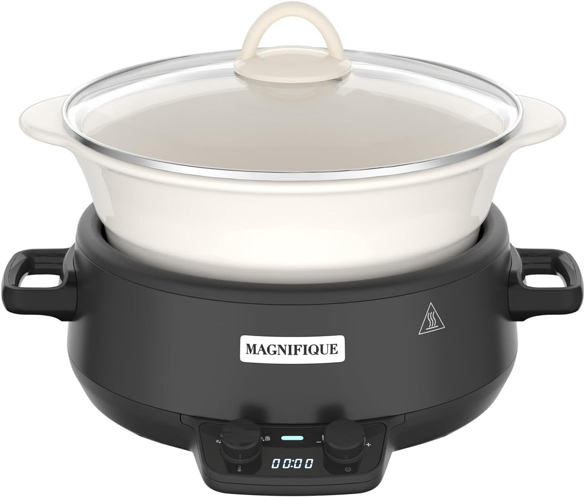 MAGNIFIQUE 5 Quart Programmable Slow Cooker with Auto Warm Setting, Glazed Ceramic Liner, Kitchen Small Appliance for Family Dinners, Black