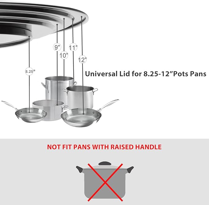 Universal Pans Pots Lid Cover Fit All 8.25 Inch to 12 Inch Pots/Pans/Woks Stainless Steel and Glass Lid with Heat Resistant Knob, Black