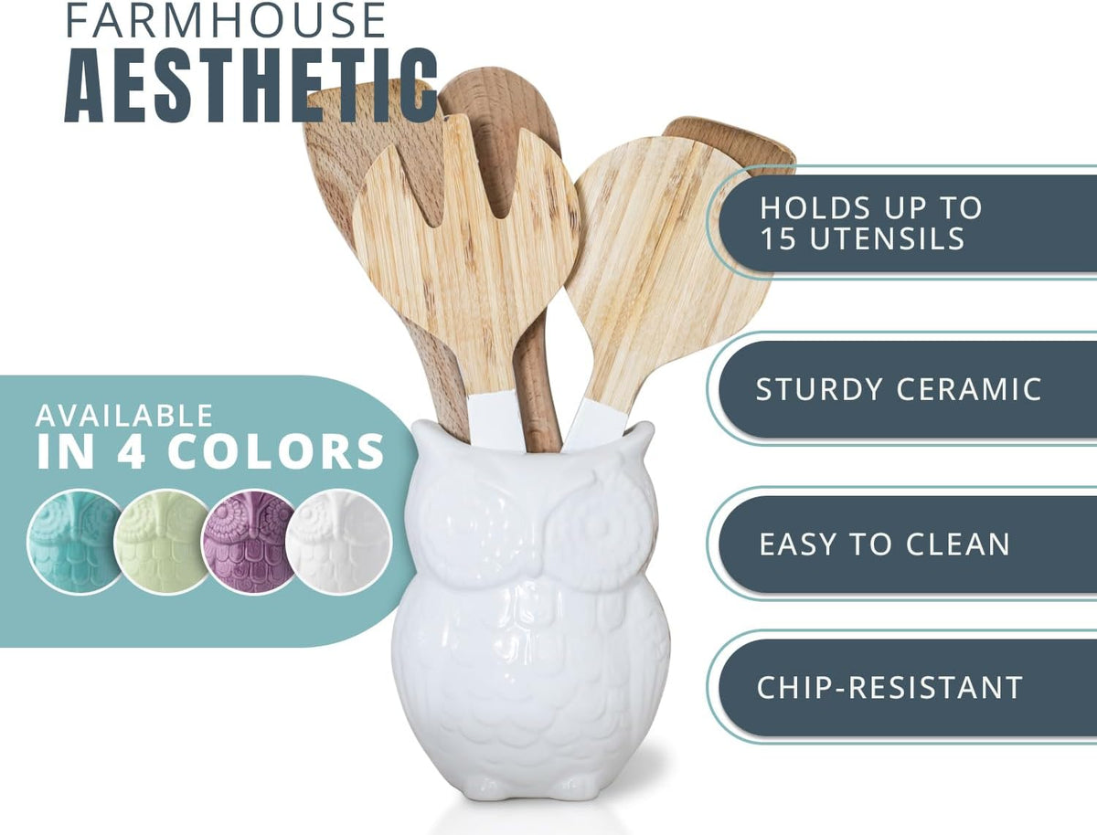 Comfify Owl Utensil Holder Decorative Ceramic Cookware Crock & Organizer, in Lovely White Color - Utensil Shaped Caddy and Perfect Kitchen Ceramic Decor Gift for Countertop - 5” x 7” x 4” Size