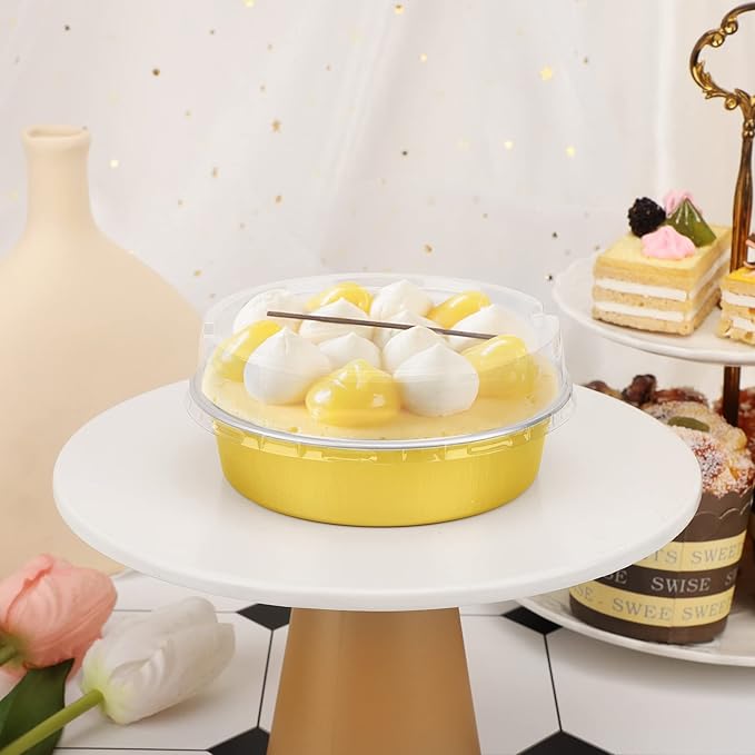 Beasea Disposable Pie Tins 4 Inch, 100 Pack Mini Tart Pans with Lids, 8 Oz Golden Aluminum Pie Pan Tin Tart Pans Round Oven Baking Mini Cake Pan for Pie Tart Quiche