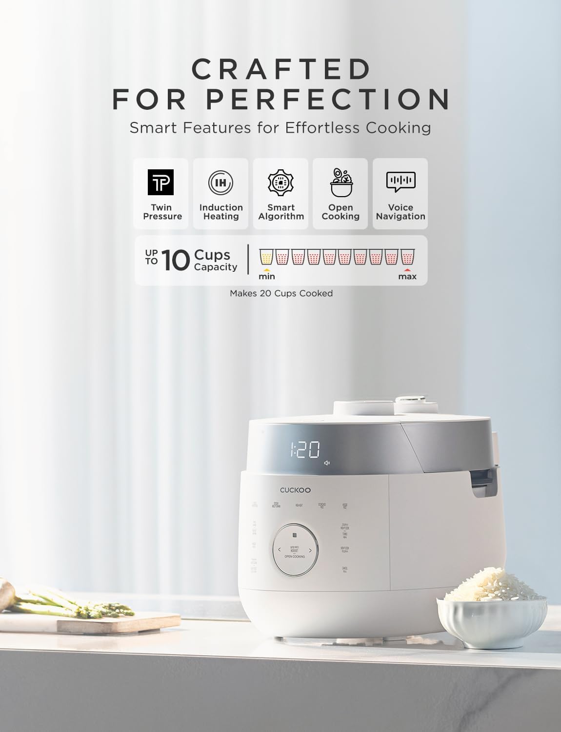 CUCKOO CRP-LHTR1009FW 10-Cup (Uncooked) / 20-Cup (Cooked) Induction Heating Twin Pressure Rice Cooker with Nonstick Inner Pot, 16 Menu Modes, 3 Voice Guide, Auto Clean (White)