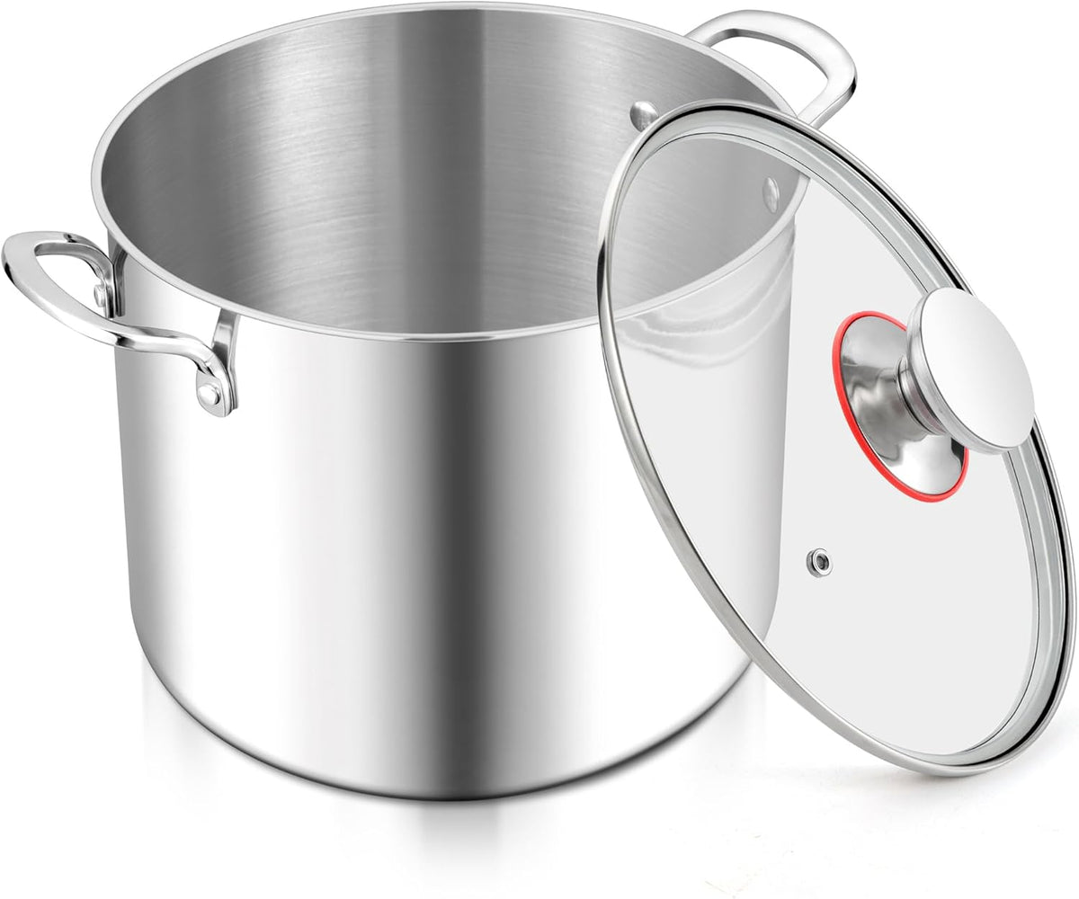 E-far 10 Quart Stock Pot, Large Tri-Ply Stainless Steel Soup Pot with Glass Lid and Riveted Handles, Tall Induction Cooking Pot for Canning/Simmering/Stewing, Heavy Duty & Dishwasher Safe