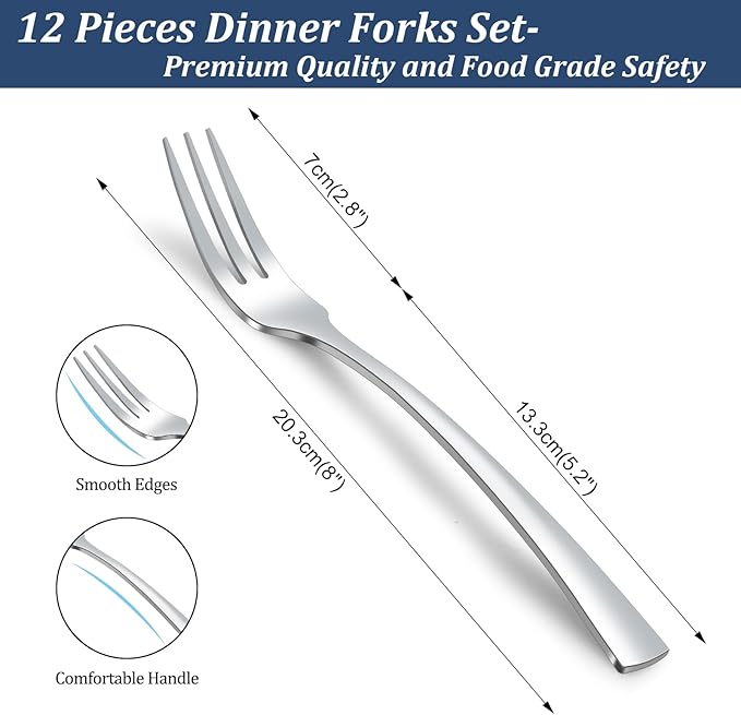 12-Piece Dinner Fork Set, 8-Inch Silverware, 3-Tine Forks, Top Food Grade Stainless Steel, Highly Mirror Polished, Dishwasher Safe