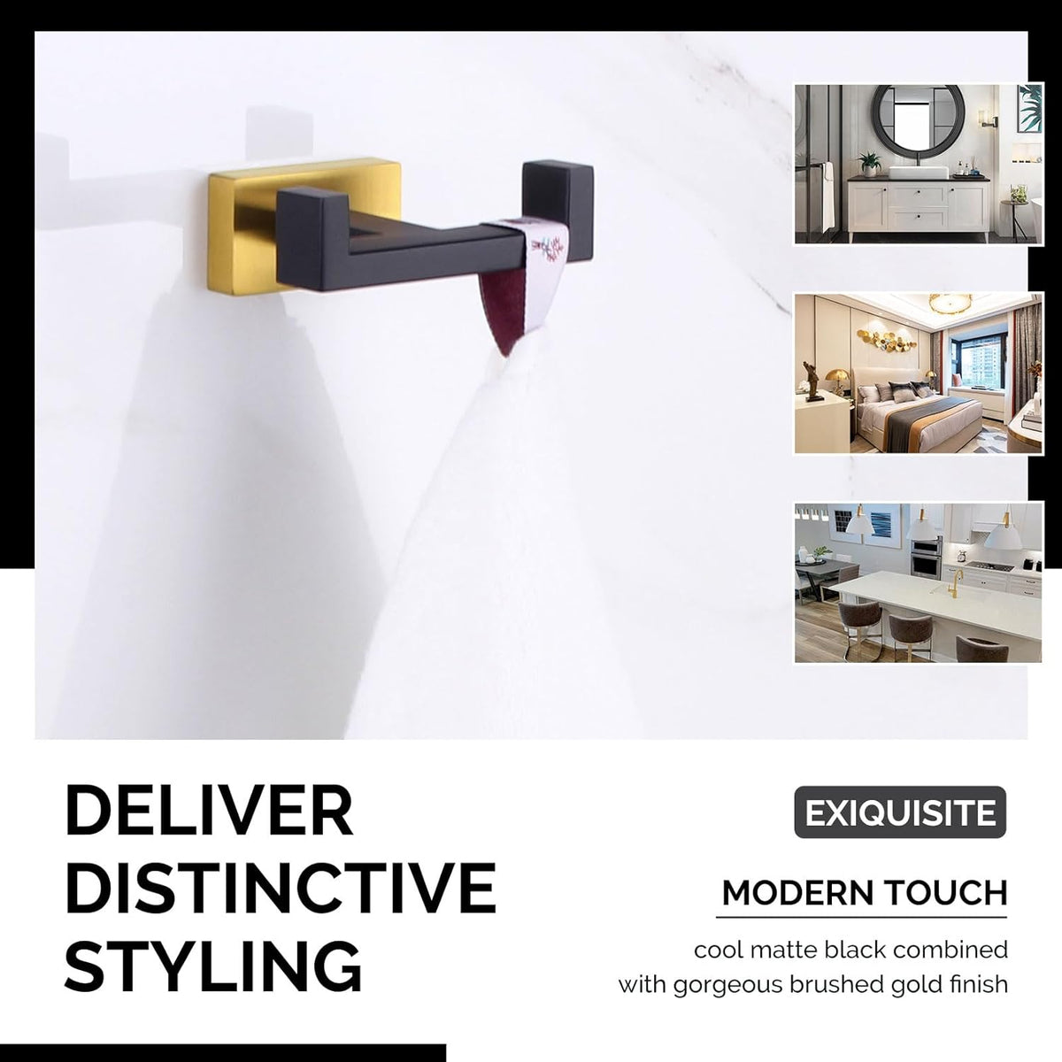 Angle Simple Double Towel Hook Black & Gold, Stainless Steel Bathroom Towel Holder, Coat Robe Hook Wall Mount