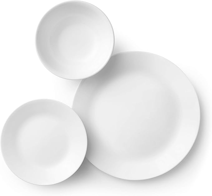 Corelle Vitrelle 18-Piece Service for 6 Dinnerware Set Triple Layer Glass and Chip Resistant, Lightweight Round Plates and Bowls Set, Winter Frost White