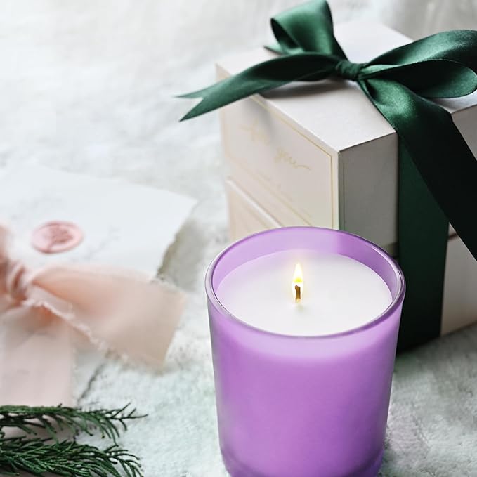 Thick Candle Jars for Making Candles 12 Pcs, 7 OZ Empty Jars with Wood Lids for Candle Making, Sample Container, Frosted Purple
