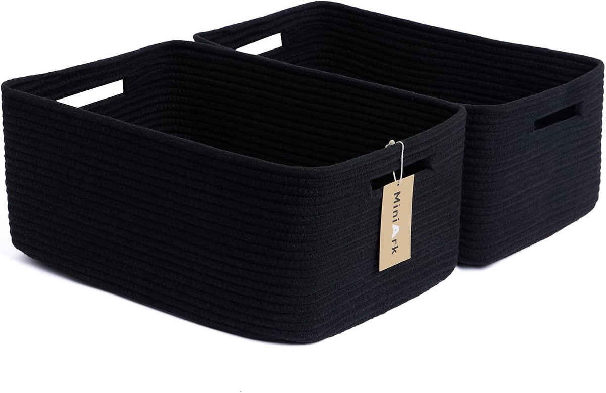 Large Storage Baskets for Shelves, Closet Organizers Bins for Clothes Blanket Towels, Baby Nursery, Toy Baskets Box, Woven Rope Baskets, 17 x 13 x 7.5”, 2 Packs Black