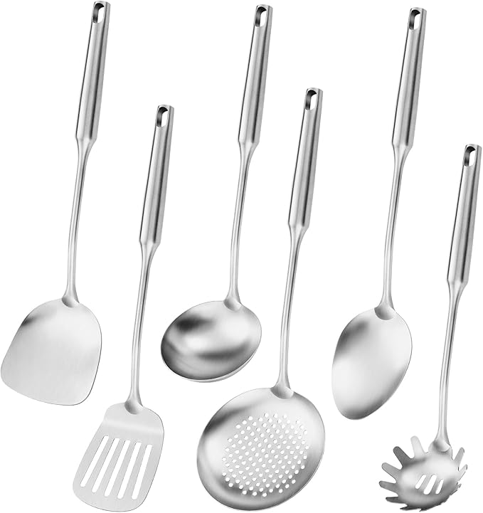 304 Stainless Steel Cooking Utensil,Kitchen Kitchen Utensil with Spatula, Solid Spoon, Ladle, Skimmer, Spaghetti Spoon, 6 Piece Set, Dishwasher Safe
