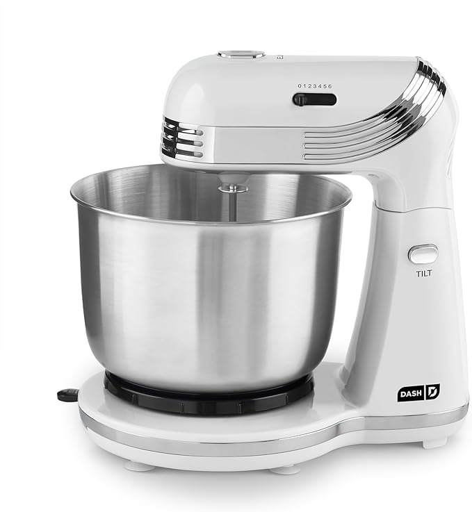 Dash Stand Mixer (Electric Mixer for Everyday Use): 6 Speed Stand Mixer with 3 qt Stainless Steel Mixing Bowl, Dough Hooks & Mixer Beaters for Frosting, Meringues & More - White