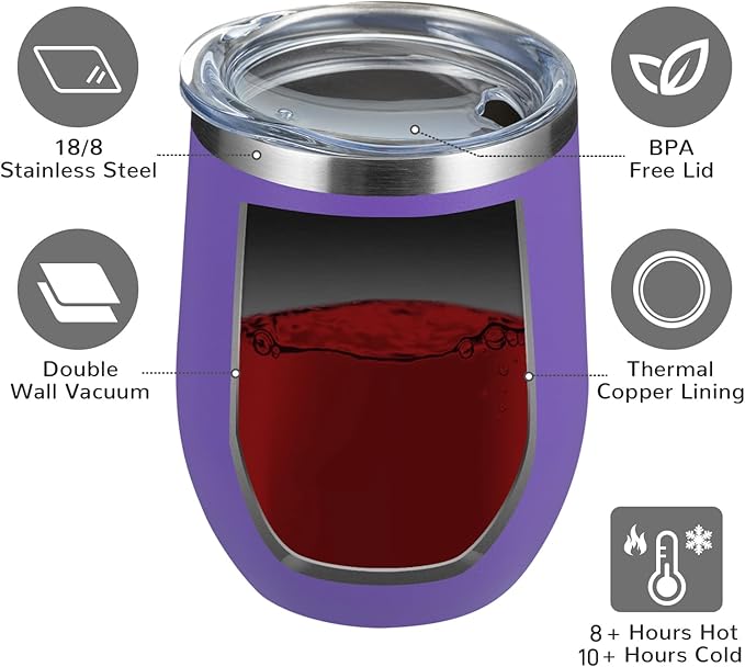 MEWAY 12oz Wine Tumbler 16 Pack Bulk Gifts for Women,Double Wall Vacuum Stainless Steel Travel Mug with Lid,Insulated Stemless Wine Cup Glass for Coffee,Cocktails,Drinks(Purple,Set of 16)