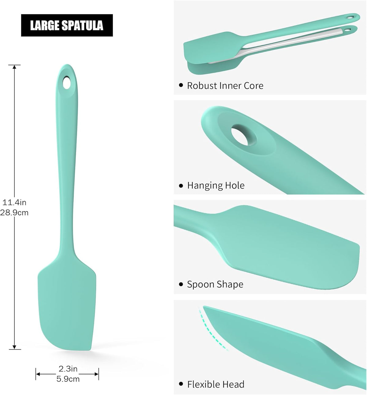 600°F Heat Resistant Silicone Spatula, Doosu High Temp Flexible Kitchen Rubber Bowl Scrapers Food Grade Seamless Baking Supplies Scratch-Proof for Scraping Non-Stick Pans (11.4in, Aqua Sky)
