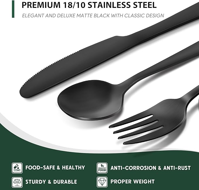 Hiware 48-Piece Matte Black Silverware Set with Steak Knives, Black Flatware Set for 8, Stainless Steel Tableware Cutlery Set, Utensil Sets for Kitchen