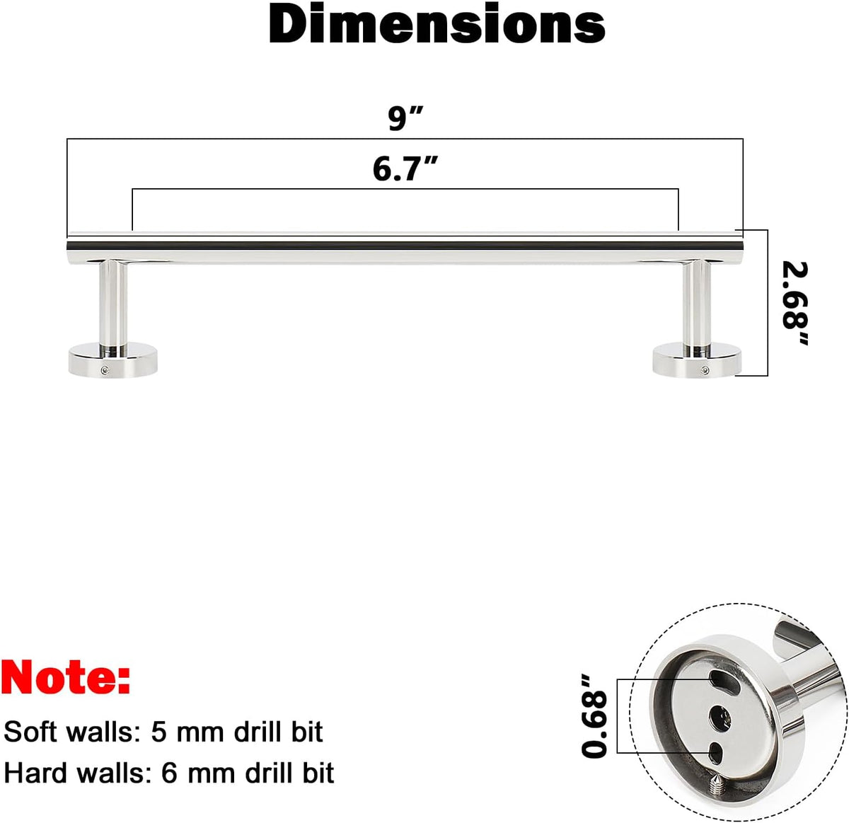 NearMoon Bath Towel Bar, Bath Accessories Thicken Stainless Steel Shower Towel Rack for Bathroom, Towel Holder Wall Mounted (1 Pack, Chrome Finish, 9 Inch)