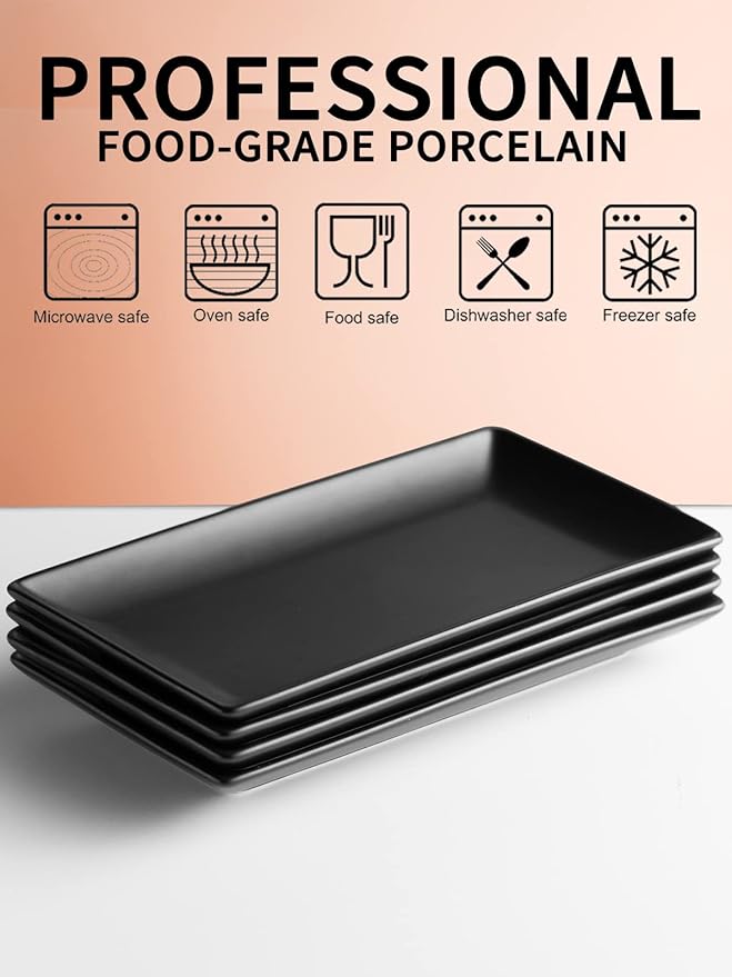 Gomakren Black Serving Platter Set of 4 Porcelain Serving Plates Rectangular Halloween Serving Dishes and Platters Serving Trays for Party Appetizer Sushi, 10 Inch Black Serveware Thanksgiving Gifts