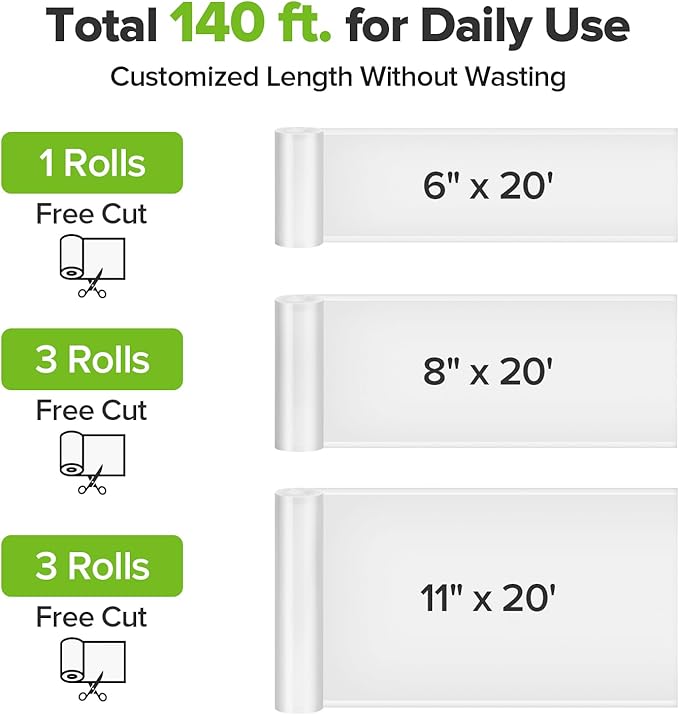 Vacuum Sealer Bags for Food, 7 Pack - 8" x 20' (3 Rolls) + 11"x 20' (3 Rolls) + 6"x 20' (1 Roll), BPA-Free Commercial Grade Embossed Customized Size Bags for Food Storage, Meal Prep, Sous Vide