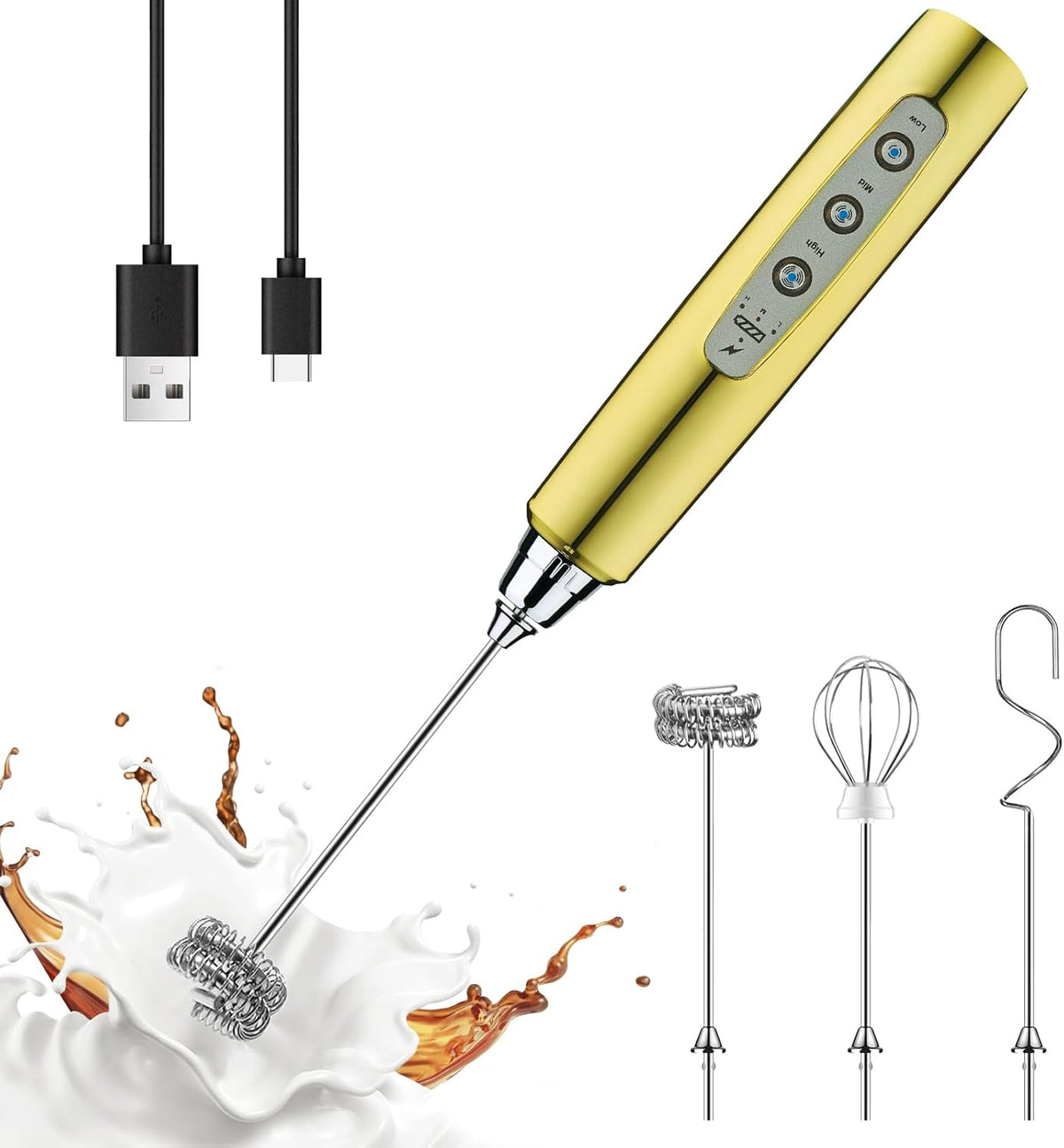YUSWKO Champagne Gold Handheld Milk Frother Wand for Coffee, Rechargeable Electric Whisk with 3 Heads 3 Speeds Drink Mixer Coffee Frother For Latte, Cappuccino, Hot Chocolate, Egg