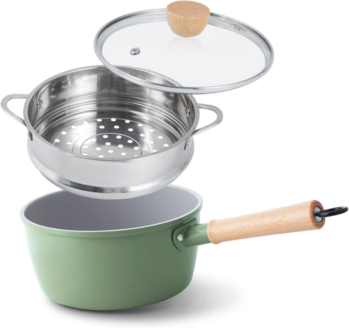 ROCKURWOK Ceramic Nonstick Sauce Pan, 3 QT Pot with Steamer, Non Toxic & PFAS-Free, Wooden Handle for Cool Touch, Universal Base(Gas, Electric & Induction), Green