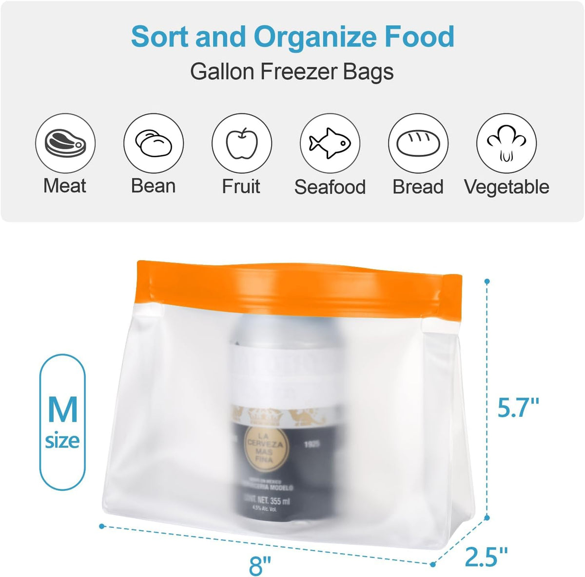 iSPECLE Reusable Bags for Food - 10 Pack Freezer Storage Bags BPA-Free with Stand-Up Bottom and Label, Easy to Get Frozen Meat, Vegetables, Fruit, Leakproof Freezer Bags Keep Food Fresh, Orange