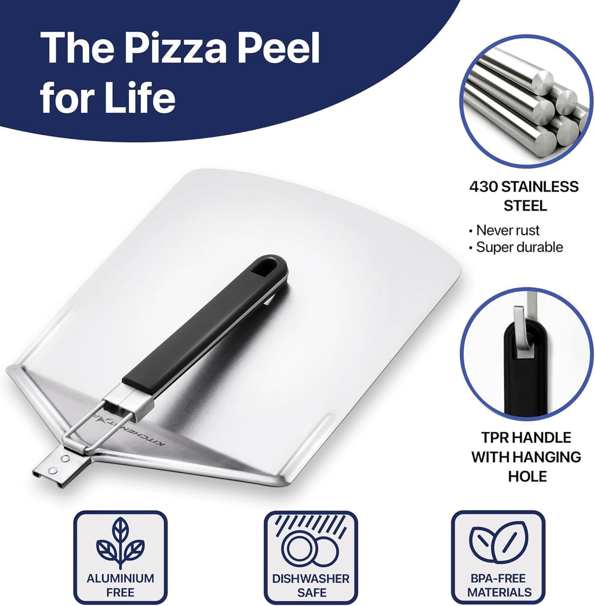 KitchenStar 12-inch Metal Pizza Peel with Folding Handle - Stainless Steel Spatula Paddle for Effortless Pizza Transfer & Easy Storrage - Dishwasher Safe Pizza Oven Accessories