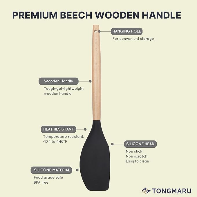 Silicone Cooking Utensils Set, Premium Beech Wood Handle Kitchen Gadgets Utensil Set, Non-Stick Kitchen Utensils Spatula, Tongs, Turner, Whisk, Brush, Spoon, BPA FREE, 446°F Resistant (Black)