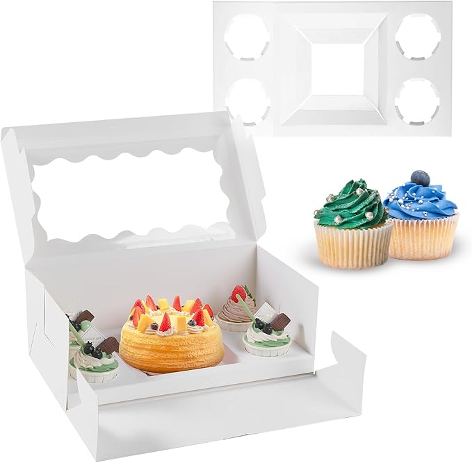 JCD 16 Pcs Bento Cake and Cupcake Box Combo Bento Box with Clear Window 5 Holes Fit 4 Cupcakes and 1 Mini Cake for Bakery Baking Supplies(1+4/16Pcs)