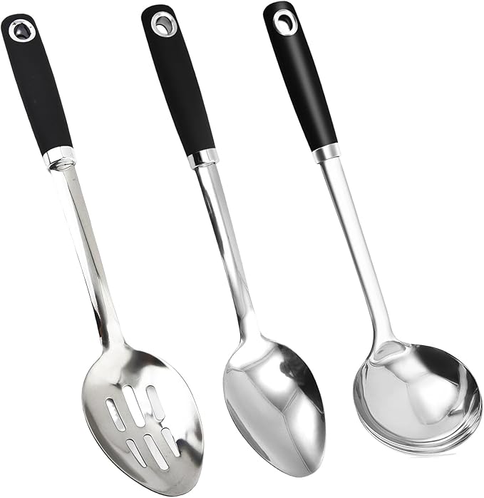 3-Piece Stainless Steel Cooking Utensils Set, Heavy Duty 18/0 14-in Large Serving Spoons Set, Slotted Spoon, Cooking Spoon & Soup Ladle, Kitchen Cooking Serving Utensils Set