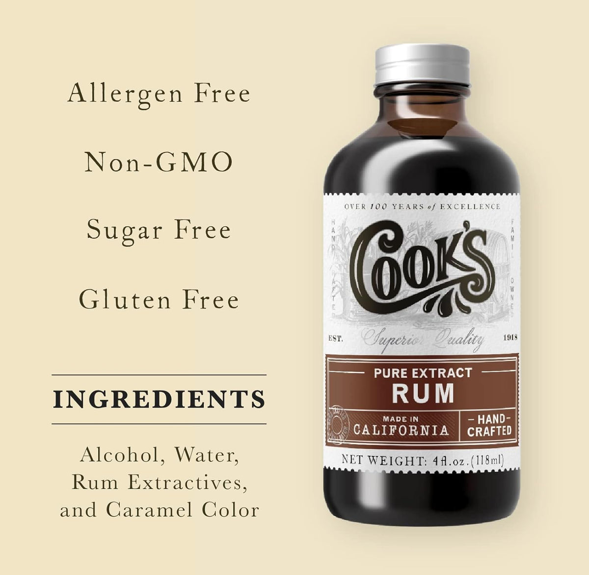 Cook's, Pure Rum Extract, For Baking, Ice Cream, Candies, Cakes, 4 oz