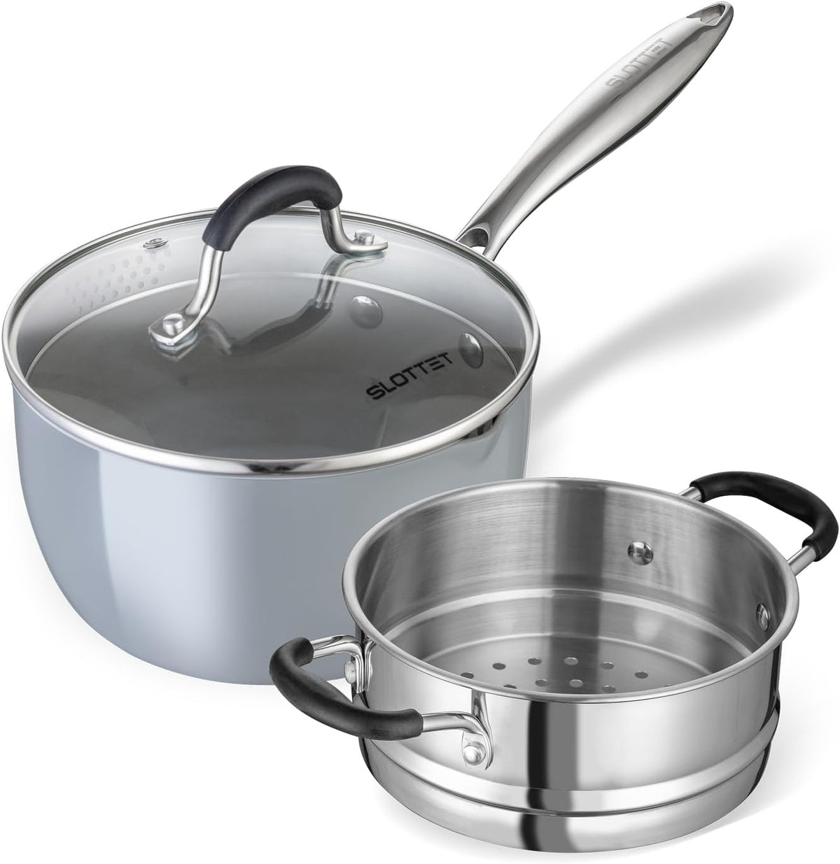 Ceramic Nonstick Tri-Ply Stainless Steel Sauce Pan with Steamer,2.5 Quart Small Multipurpose Pot with Pour Spout,Strainer Glass Lid, 2qt Saucepan for Cooking with Stay-cool Handle,Grey