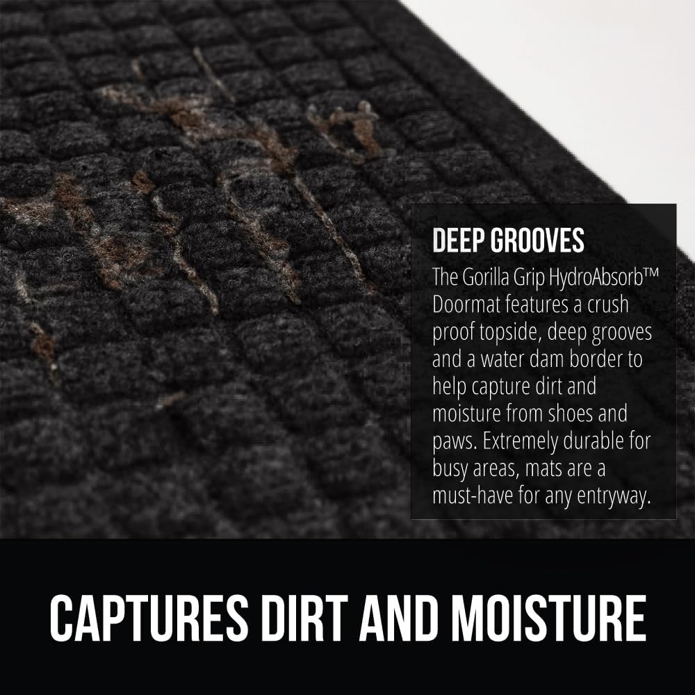 GORILLA GRIP Front Door Mat, 47x35, Indoor Outdoor Ultra Absorbent HydroAbsorb Doormat, Absorbs Up to 6 Cups of Water, Stain and Fade Resistant, Rubber Backing Doormats, Captures Dirt, Black