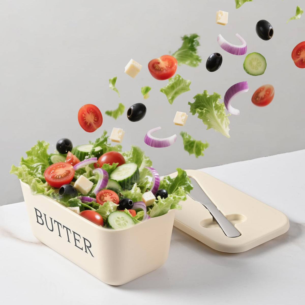 Butter Dish With Lid And Knife For Kitchen Coutertop,Food Grade PP Butter Holder With Cover And Stainless Steel Knife,Large White Butter Conainter